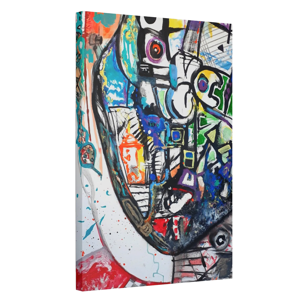 A side view of the contemporary Freebrd "Frankly" surrealistic geometric facial abstractions wall art, on a 1.5 inch thick canvas, showcasing blues, reds, purples, grey hues, beige, yellows and orange tones.