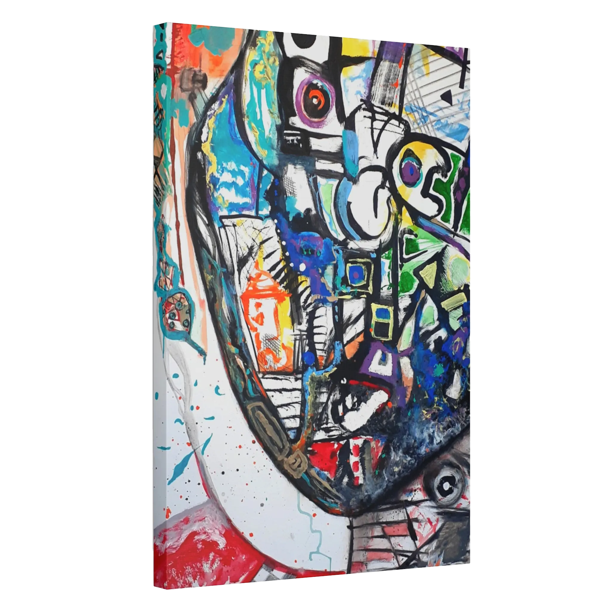 A side view of the contemporary Freebrd "Frankly" surrealistic geometric facial abstractions wall art, on a 1.5 inch thick canvas, showcasing blues, reds, purples, grey hues, beige, yellows and orange tones. 
