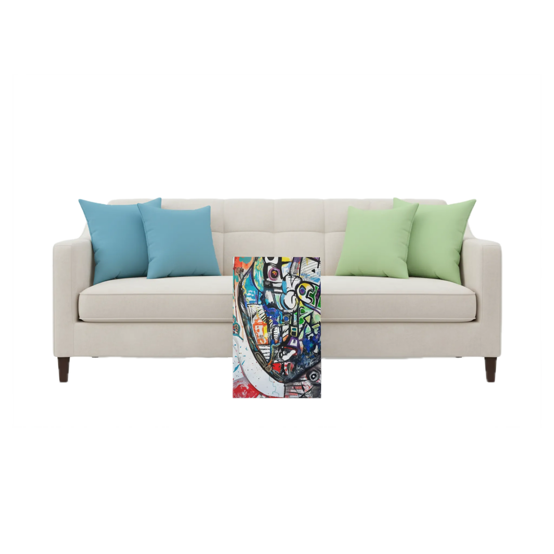 Beige sofa with blue and green cushions and a colorful abstract painting on a white background.