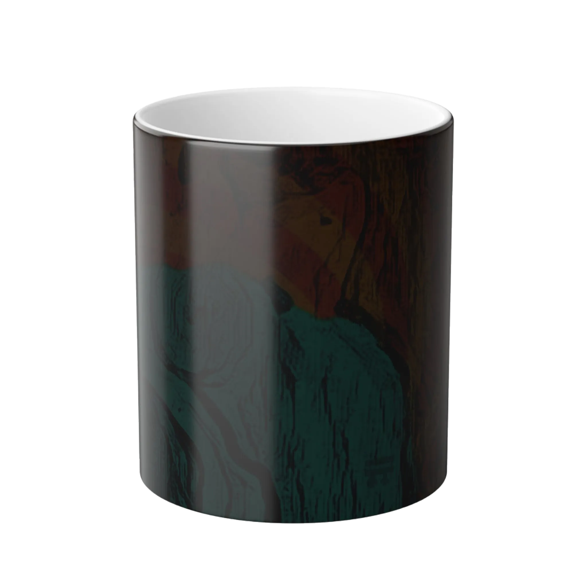 A front preview of the FREEBRD abstract bare lady Art Morphing Ceramic Cup displaying teal, shades of orange and black color. 