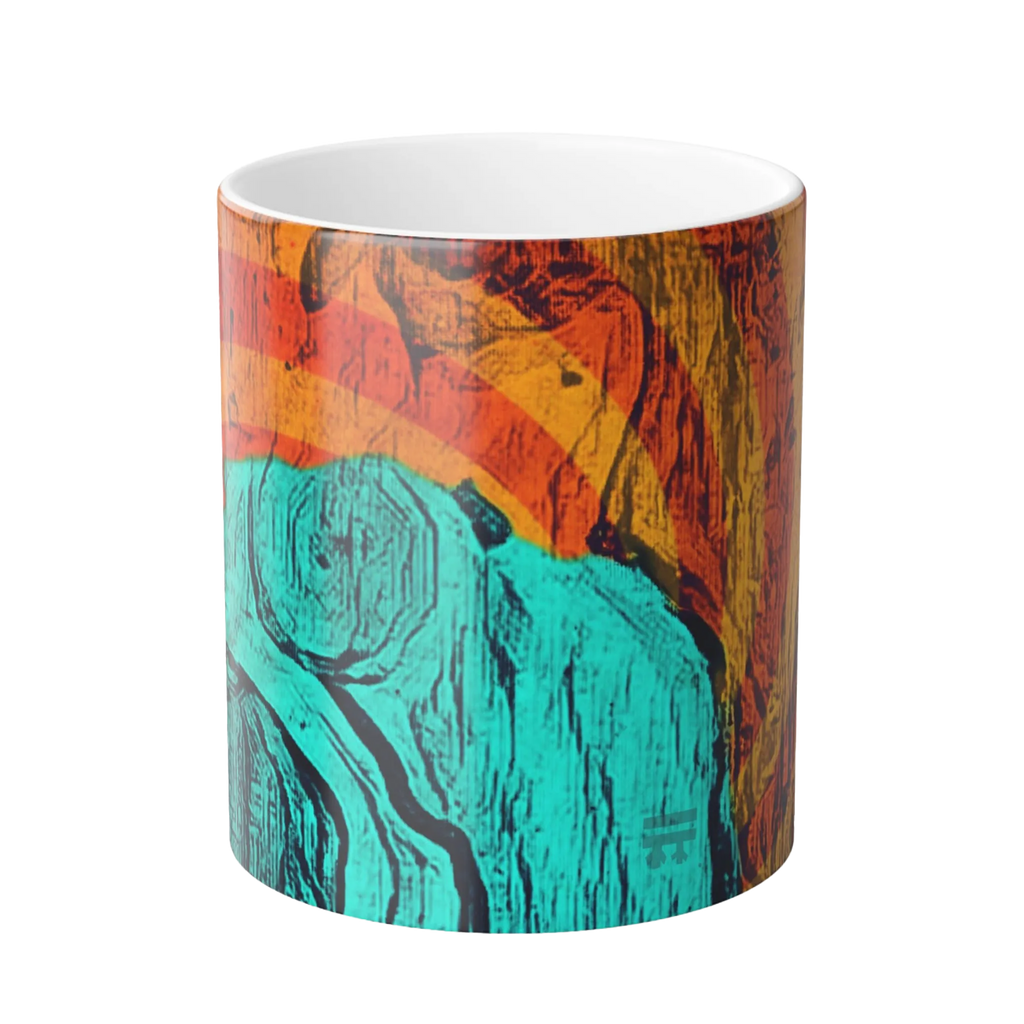 Freebrd Abstract Bare Lady 11oz color changing mug front view showing teal burnt orange and black abstract fluid art design with glossy finish.
