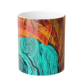 Freebrd Abstract Bare Lady 11oz color changing mug front view showing teal burnt orange and black abstract fluid art design with glossy finish.
