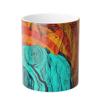 Freebrd Abstract Bare Lady 11oz color changing mug front view showing teal burnt orange and black abstract fluid art design with glossy finish.