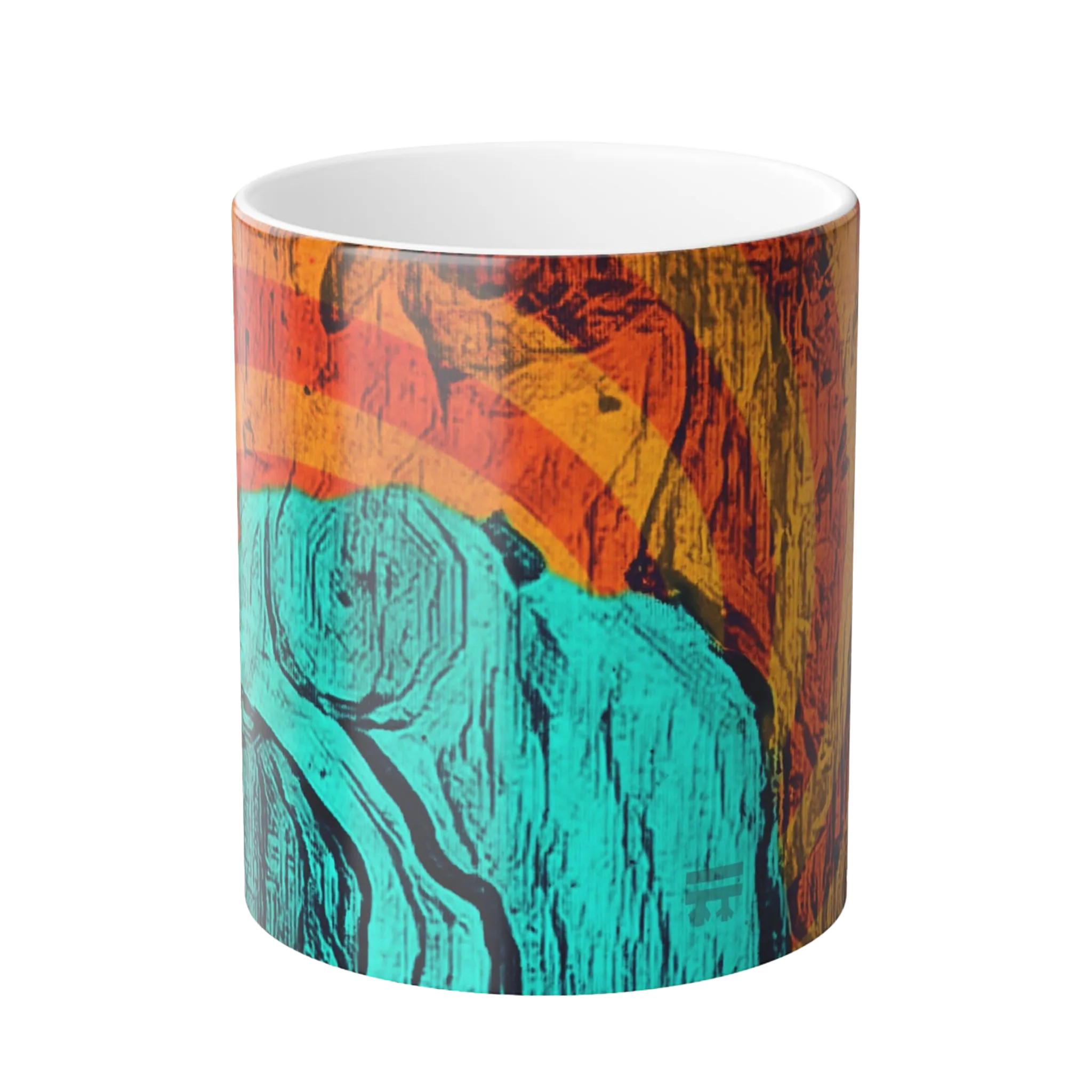 A front preview of the FREEBRD abstract bare lady Art Morphing Ceramic Cup displaying teal, shades of orange and black color. 