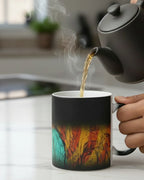 Freebrd Abstract Bare Lady 11oz color changing mug lifestyle pour view showing heat reactive teal burnt orange and black abstract fluid art revealed by hot liquid.