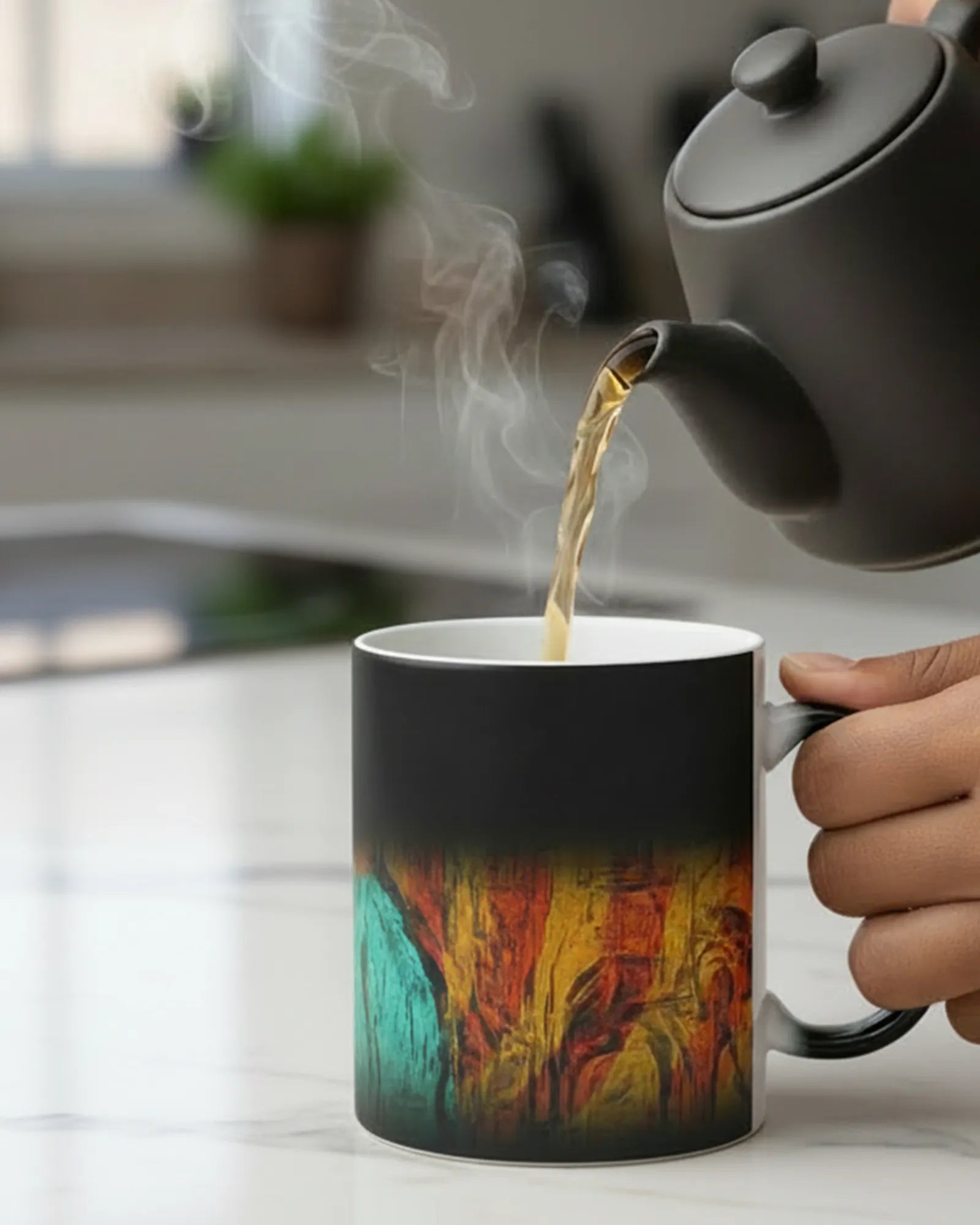 A front preview of the FREEBRD abstract bare lady Art Morphing Ceramic Cup displaying teal, shades of orange and black color. 