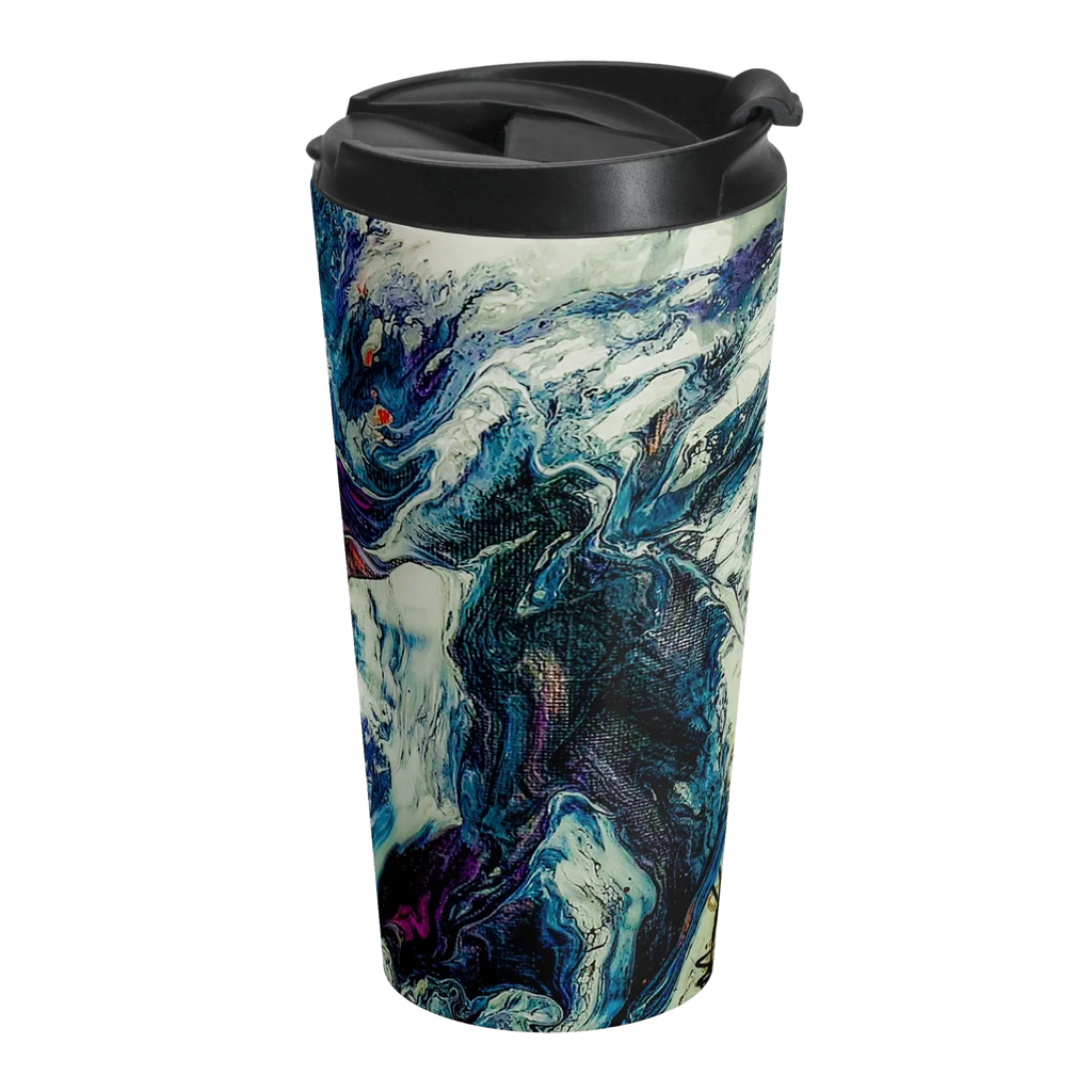 A front view of the Abstract Stainless Steel Travel Mug 15oz with a marble look displaying navy, white, gold, magenta, black and shades of red and a black spill proof lid on the travel cup.