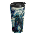 A front view of the Abstract Stainless Steel Travel Mug 15oz with a marble look displaying navy, white, gold, magenta, black and shades of red and a black spill proof lid on the travel cup.