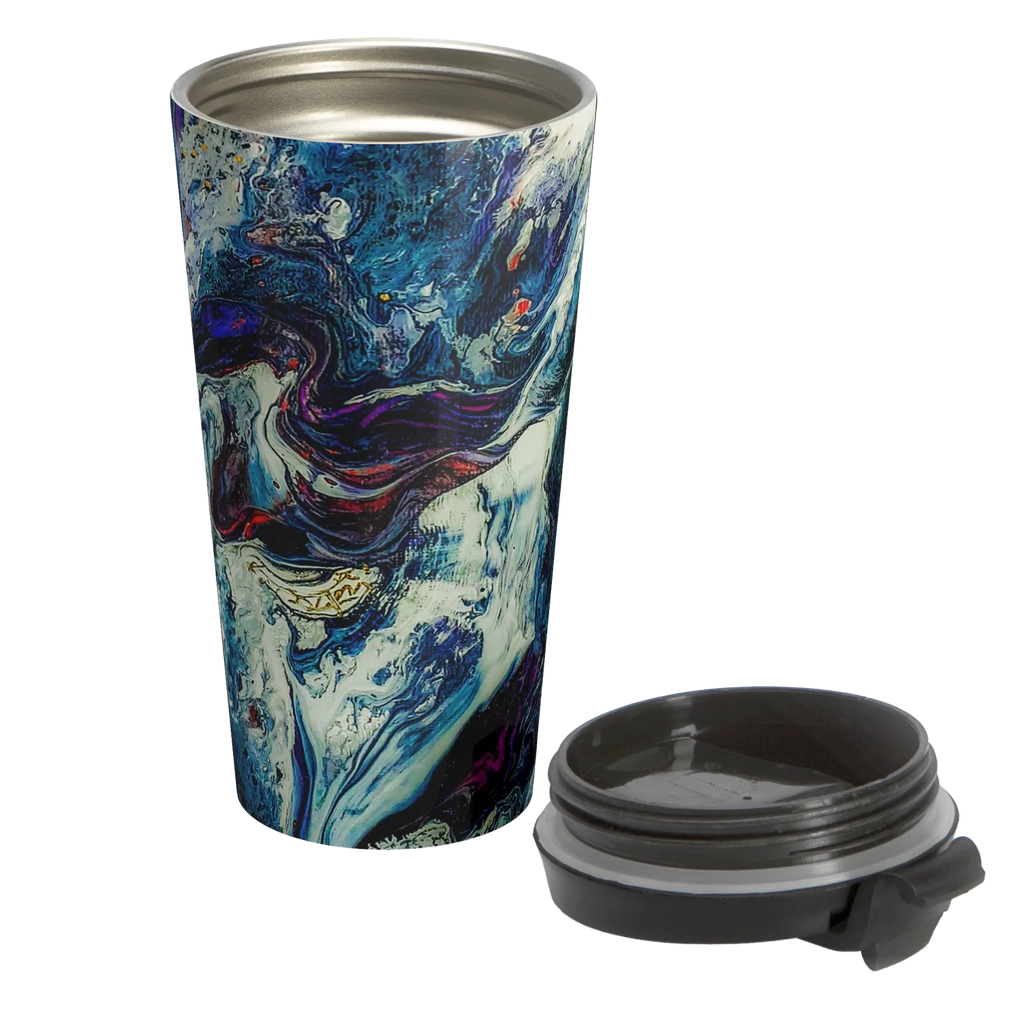 A front view of the Abstract Stainless Steel Travel Mug 15oz with a marble look displaying navy, white, gold, magenta, black and shades of red and a black spill proof lid laying next to the travel cup.