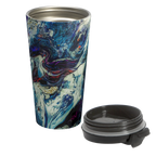 A front view of the Abstract Stainless Steel Travel Mug 15oz with a marble look displaying navy, white, gold, magenta, black and shades of red and a black spill proof lid laying next to the travel cup.