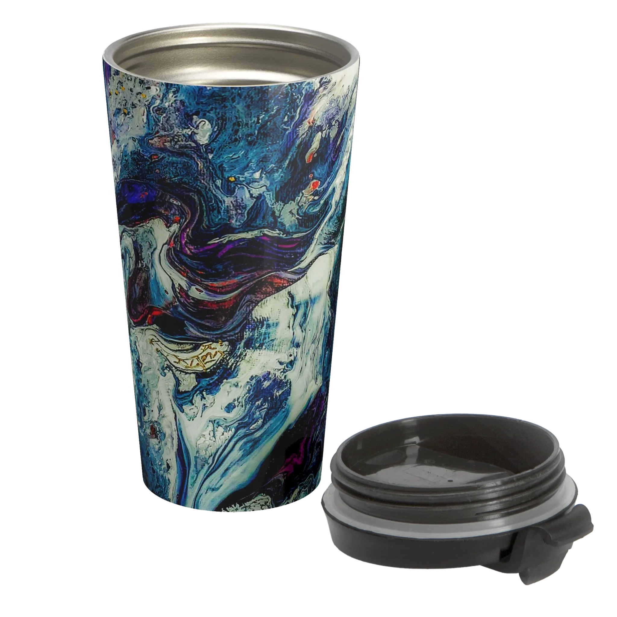 A front view of the Abstract Stainless Steel Travel Mug 15oz with a marble look displaying navy, white, gold, magenta, black and shades of red and a black spill proof lid laying next to the travel cup.