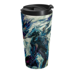 A front view of the Abstract Stainless Steel Travel Mug 15oz with a marble look displaying navy, white, gold, magenta, black and shades of red and a black spill proof lid on the travel cup.