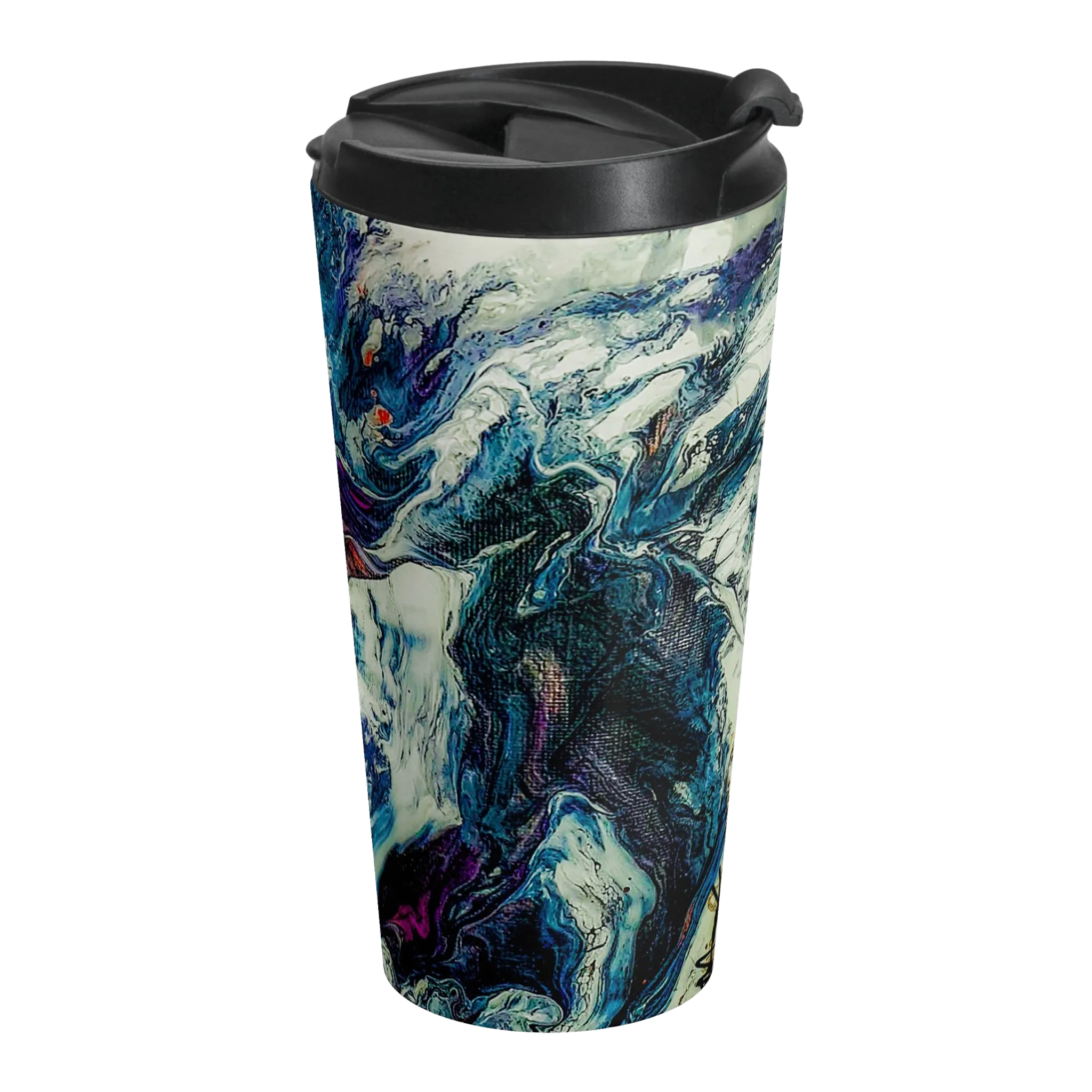 A front view of the Abstract Stainless Steel Travel Mug 15oz with a marble look displaying navy, white, gold, magenta, black and shades of red and a black spill proof lid on the travel cup.