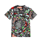 The front, flat view of the Unique Abstract Apparel Fashion Top with Freebrd's geometric "Zonch" pattern that includes rose pink, lime green, grey, black white and red orange.