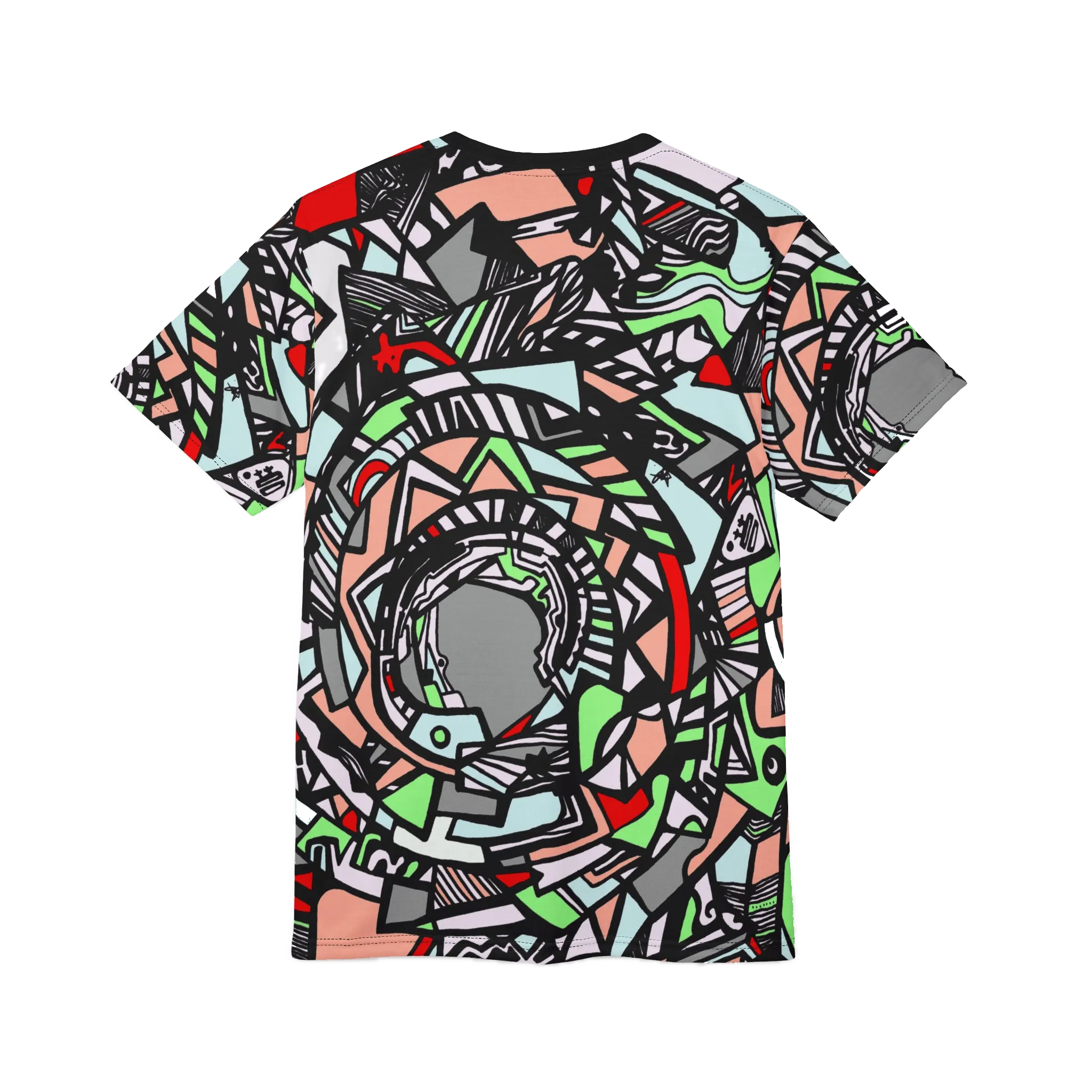 The front, flat view of the Unique Abstract Apparel Fashion Top with Freebrd's geometric "Zonch" pattern that includes rose pink, lime green, grey, black white and red orange.