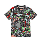The front, flat view of the Unique Abstract Apparel Fashion Top with Freebrd's geometric "Zonch" pattern that includes rose pink, lime green, grey, black white and red orange.