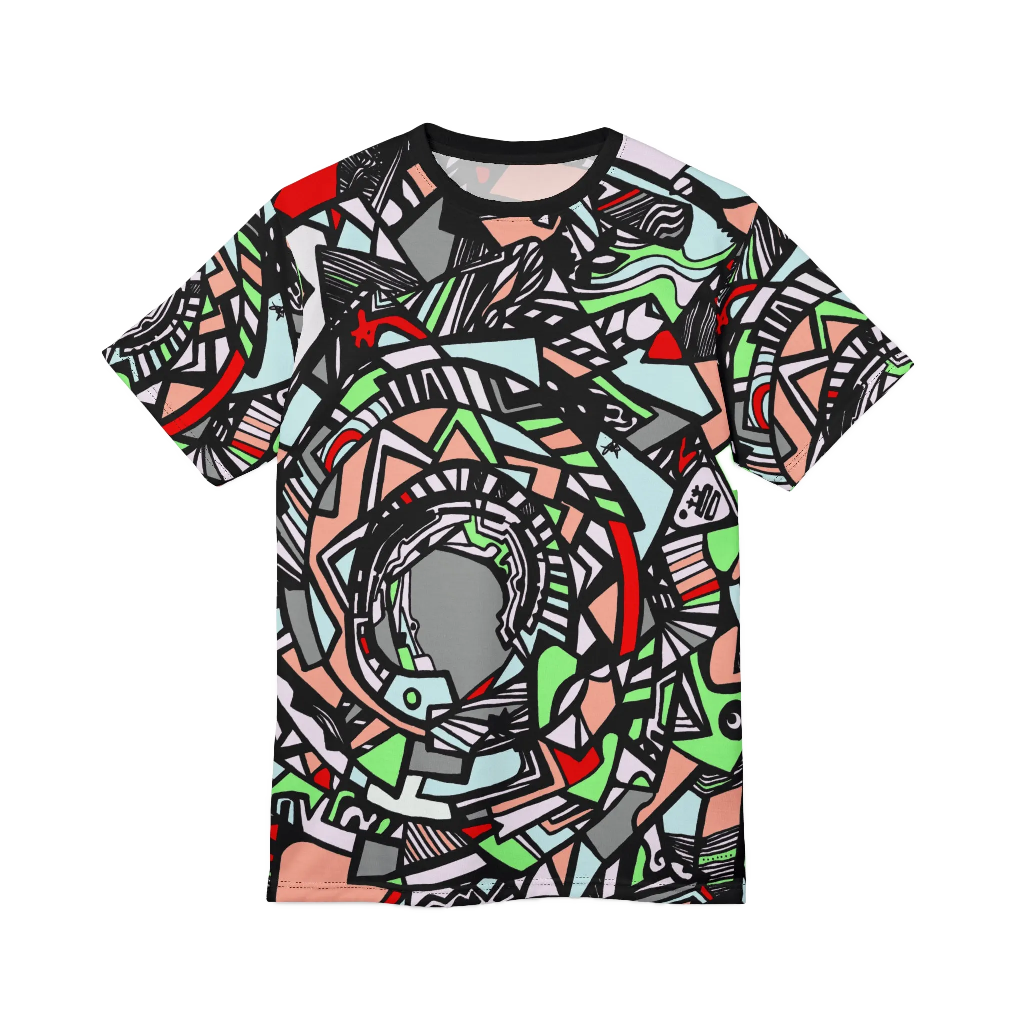 The front, flat view of the Unique Abstract Apparel Fashion Top with Freebrd's geometric "Zonch" pattern that includes rose pink, lime green, grey, black white and red orange.