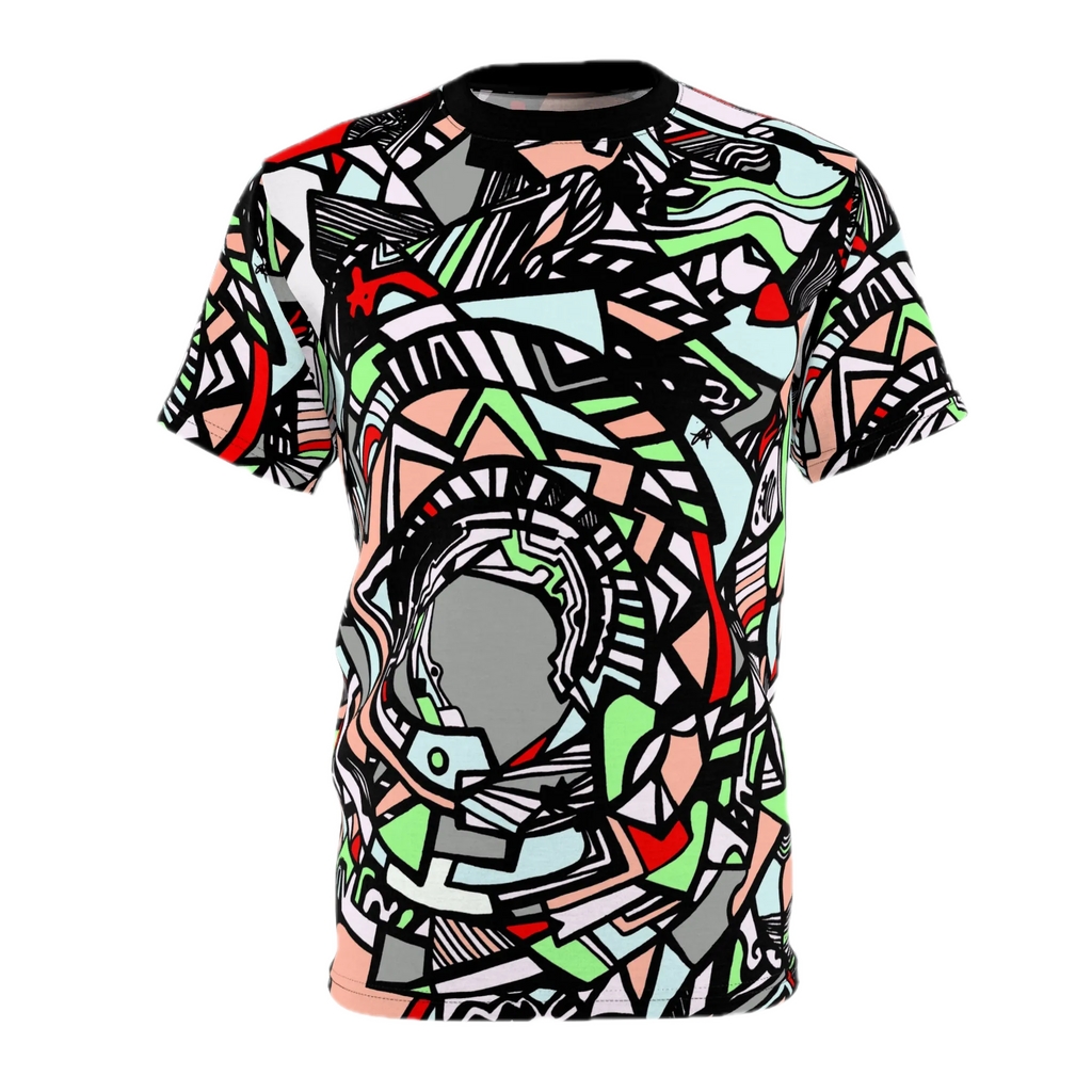The front view of the Unique Abstract Apparel Fashion Top with Freebrd's geometric "Zonch" pattern that includes rose pink, lime green, grey, black white and red orange.

