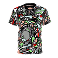 The front view of the Unique Abstract Apparel Fashion Top with Freebrd's geometric "Zonch" pattern that includes rose pink, lime green, grey, black white and red orange.
