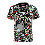 The front view of the Unique Abstract Apparel Fashion Top with Freebrd's geometric "Zonch" pattern that includes rose pink, lime green, grey, black white and red orange.
