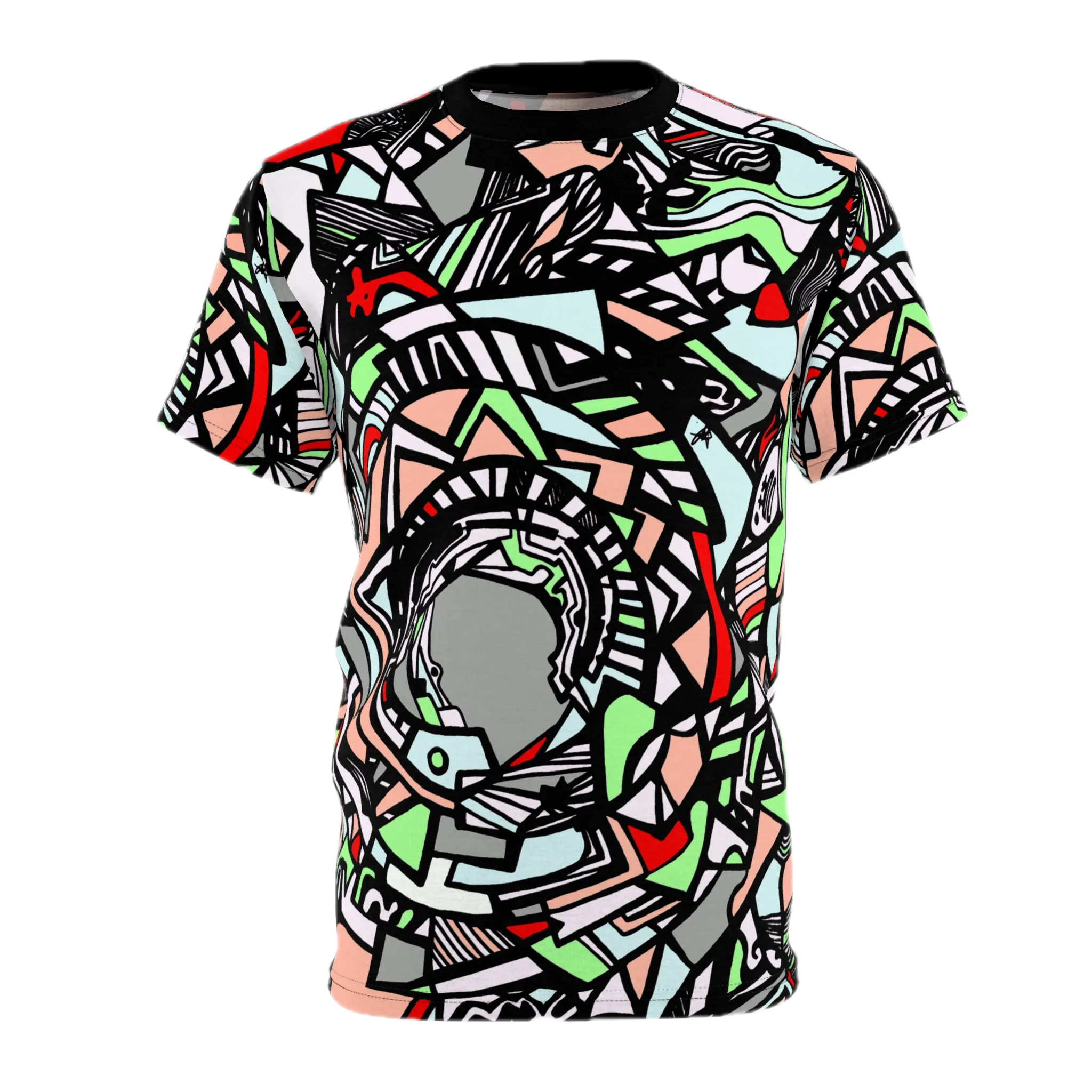 The front view of the Unique Abstract Apparel Fashion Top with Freebrd's geometric "Zonch" pattern that includes rose pink, lime green, grey, black white and red orange.
