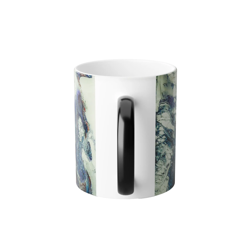 Freebrd Afrostar color changing mug right back view showing abstract acrylic pour artwork wrapping around 11oz ceramic mug with white and a black c-handle.