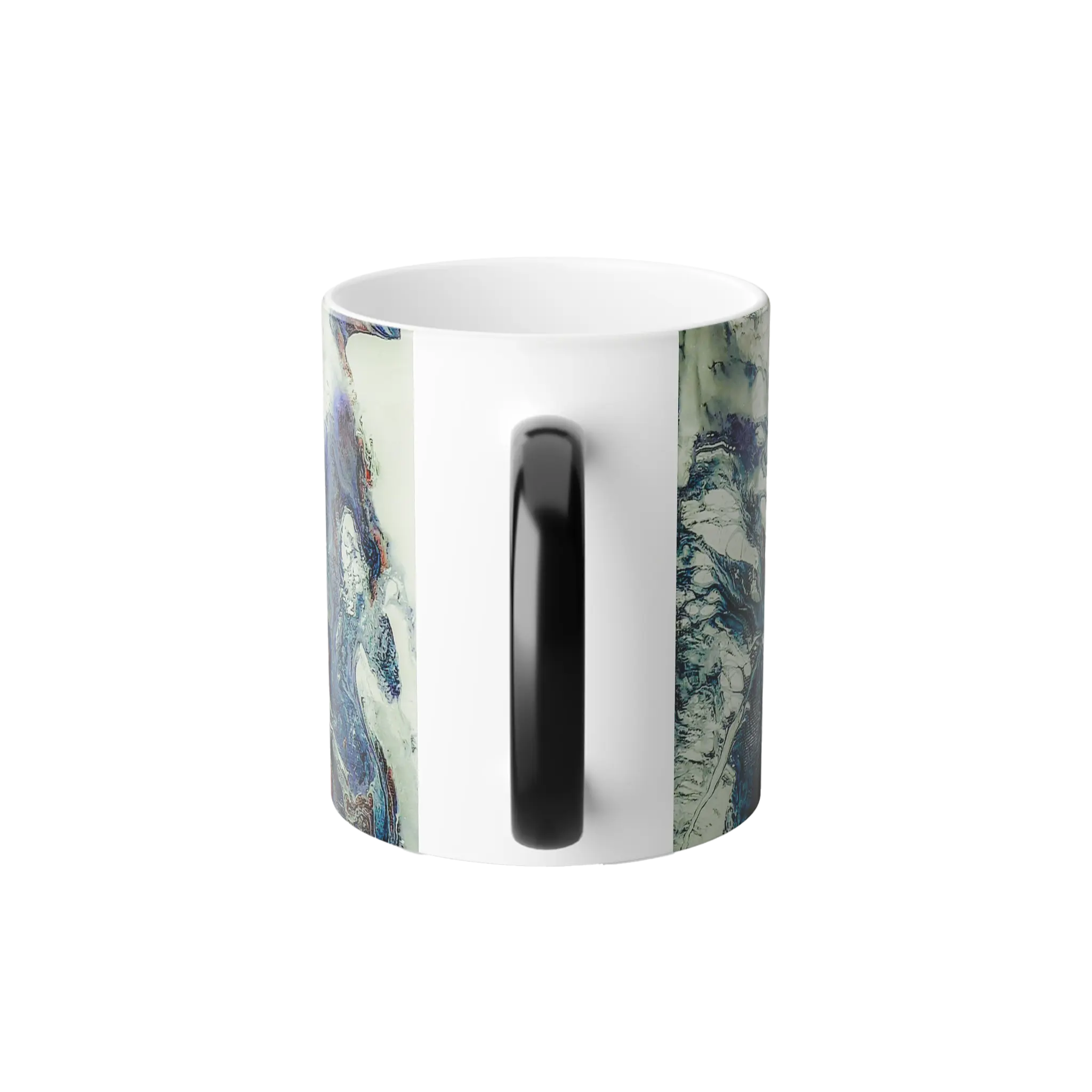 Freebrd Afrostar color changing mug right back view showing abstract acrylic pour artwork wrapping around 11oz ceramic mug with white and a black c-handle.