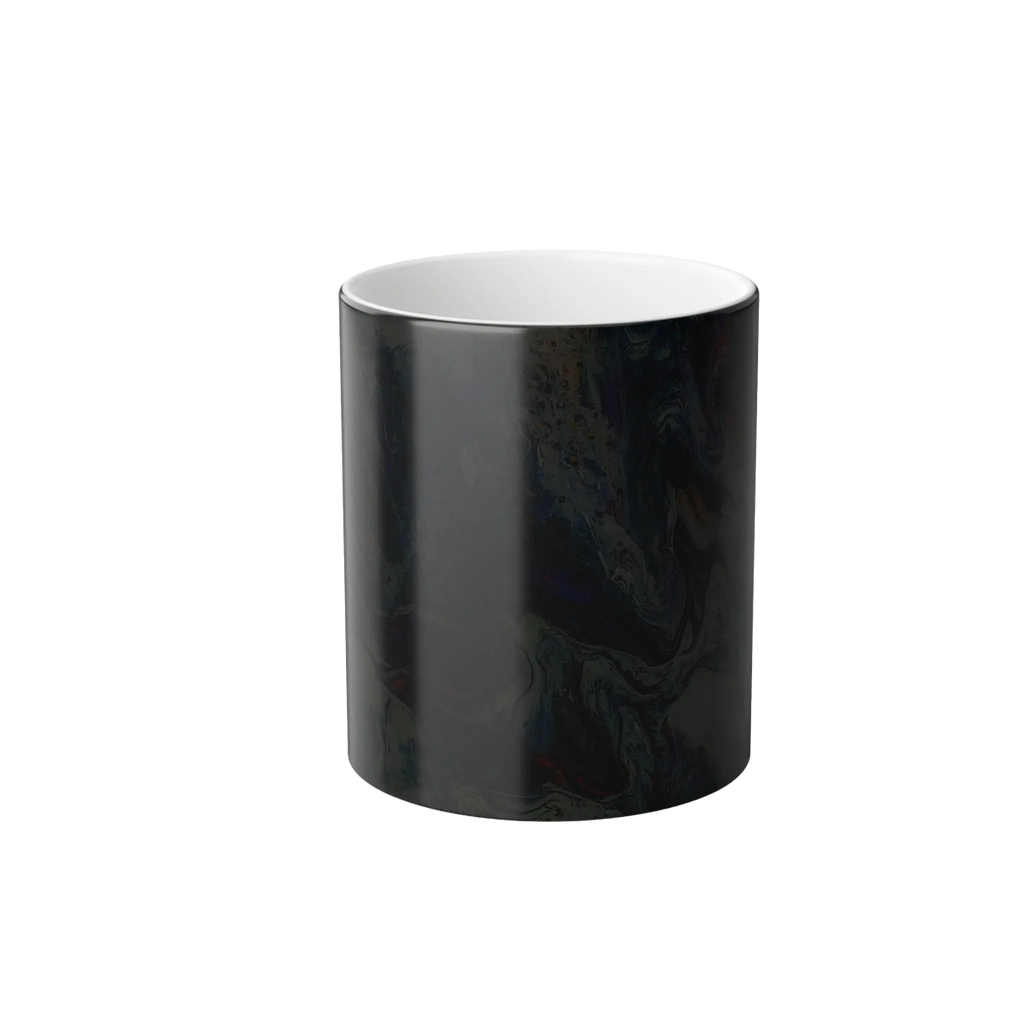 Freebrd Afrostar color changing mug cold view displaying solid black before heat is applied with white interior on 11oz ceramic mug.