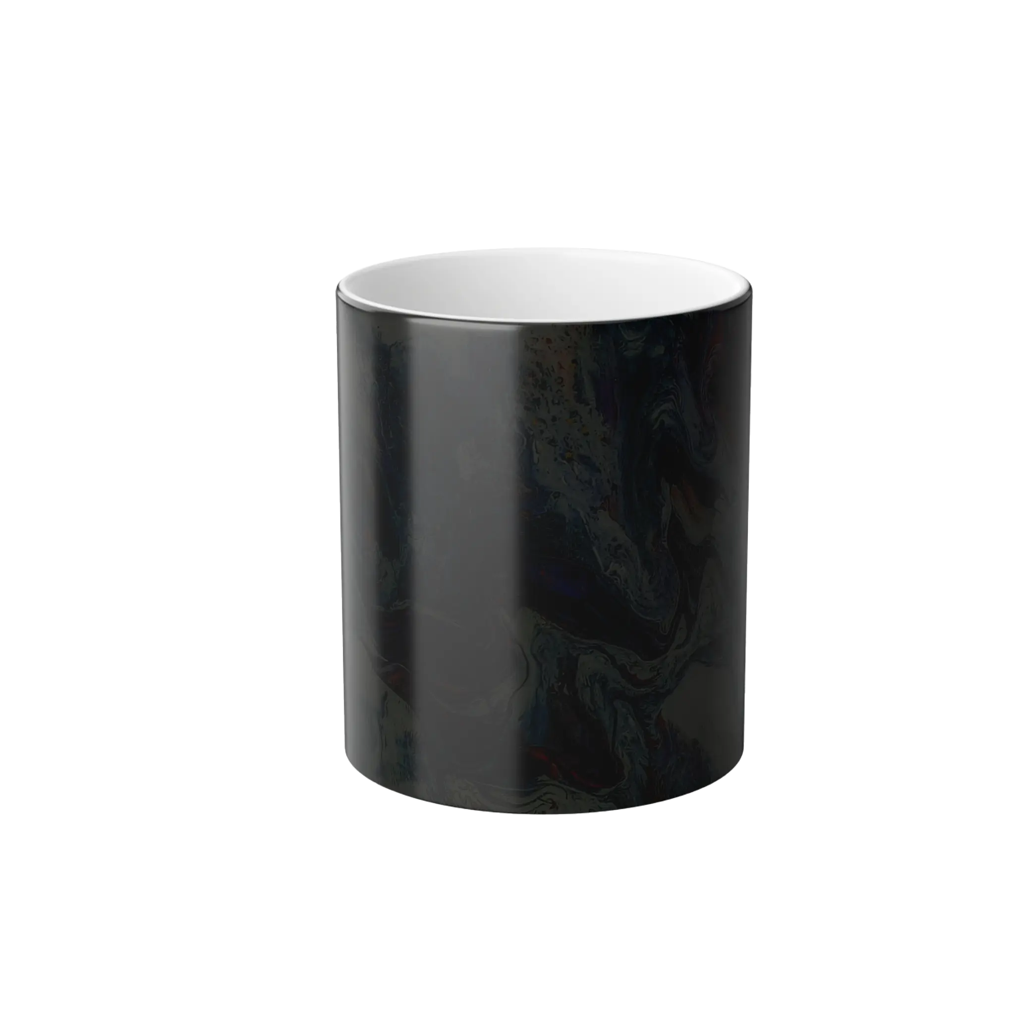 Freebrd Afrostar color changing mug cold view displaying solid black before heat is applied with white interior on 11oz ceramic mug.