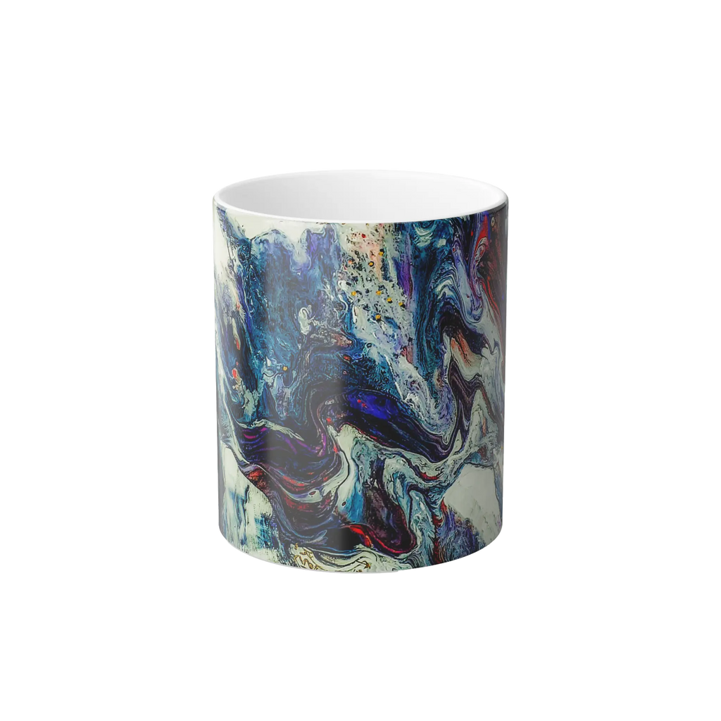 Freebrd Afrostar color changing mug front view showing vivid abstract acrylic pour artwork in navy, blue, white and red on 11oz ceramic mug.