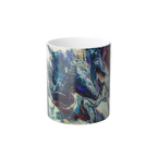 Freebrd Afrostar color changing mug front view showing vivid abstract acrylic pour artwork in navy, blue, white and red on 11oz ceramic mug.