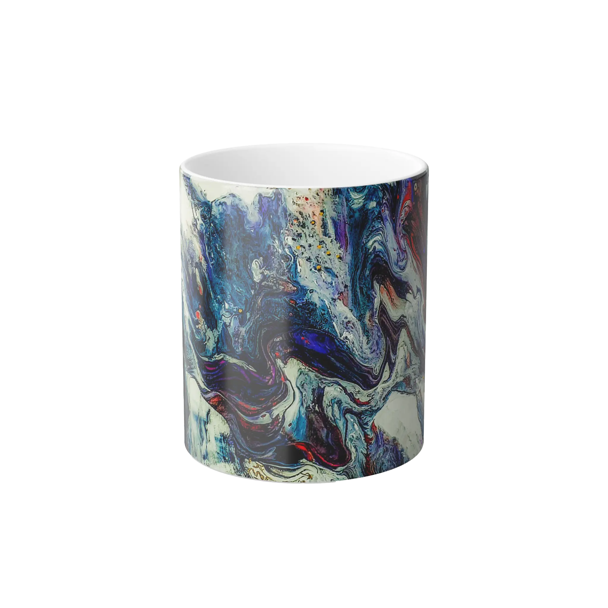 Freebrd Afrostar color changing mug front view showing vivid abstract acrylic pour artwork in navy, blue, white and red on 11oz ceramic mug.