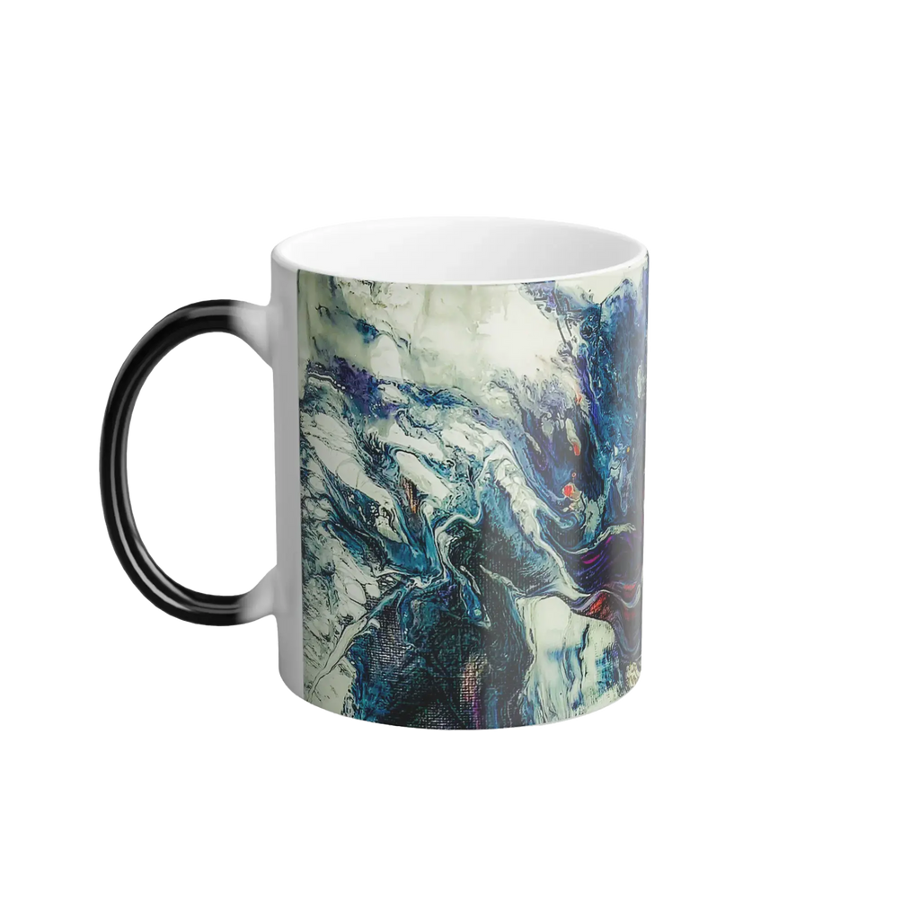 Freebrd Afrostar color changing mug left side view displaying swirling abstract acrylic pour design in navy, blue, white and red on 11oz ceramic mug