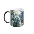 Freebrd Afrostar color changing mug left side view displaying swirling abstract acrylic pour design in navy, blue, white and red on 11oz ceramic mug