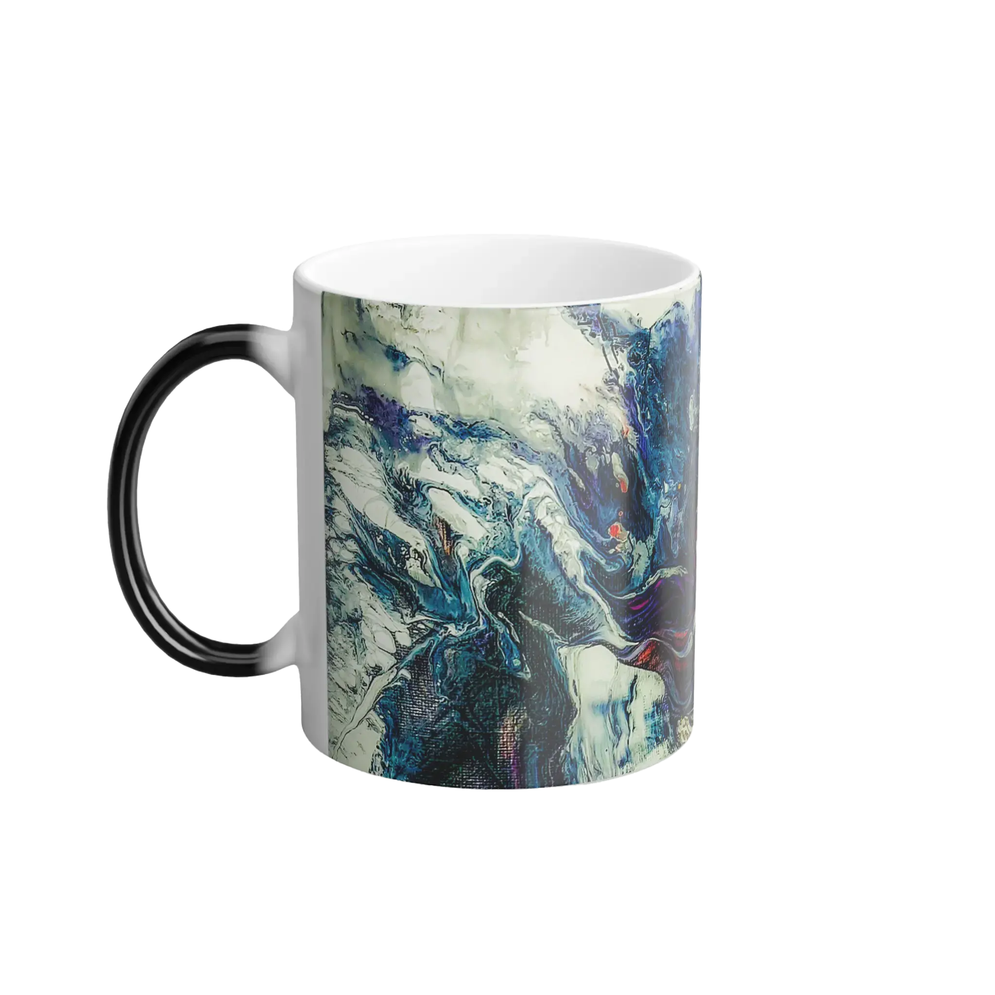 Freebrd Afrostar color changing mug left side view displaying swirling abstract acrylic pour design in navy, blue, white and red on 11oz ceramic mug