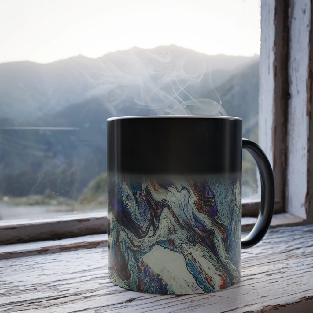 Freebrd Afrostar color changing mug lifestyle shot showing heat reactive abstract acrylic pour artwork revealed by hot liquid on 11oz ceramic mug.