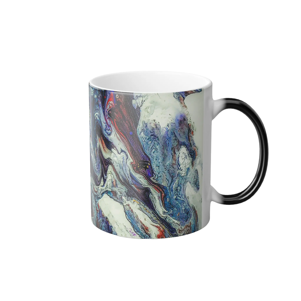 Freebrd Afrostar color changing mug right side view showing abstract acrylic pour artwork wrapping around 11oz ceramic mug with white interior.