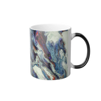 Freebrd Afrostar color changing mug right side view showing abstract acrylic pour artwork wrapping around 11oz ceramic mug with white interior.