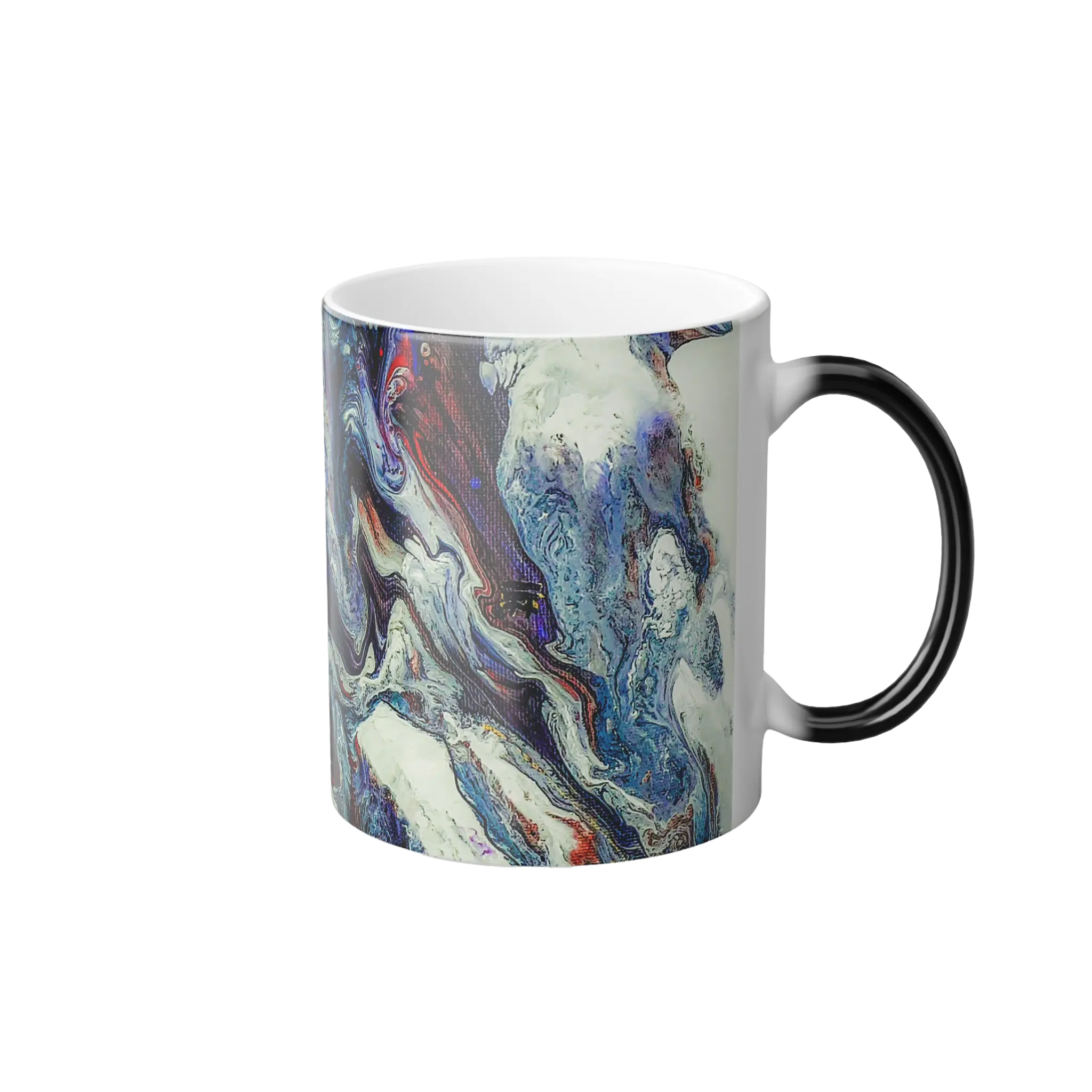 Freebrd Afrostar color changing mug right side view showing abstract acrylic pour artwork wrapping around 11oz ceramic mug with white interior.
