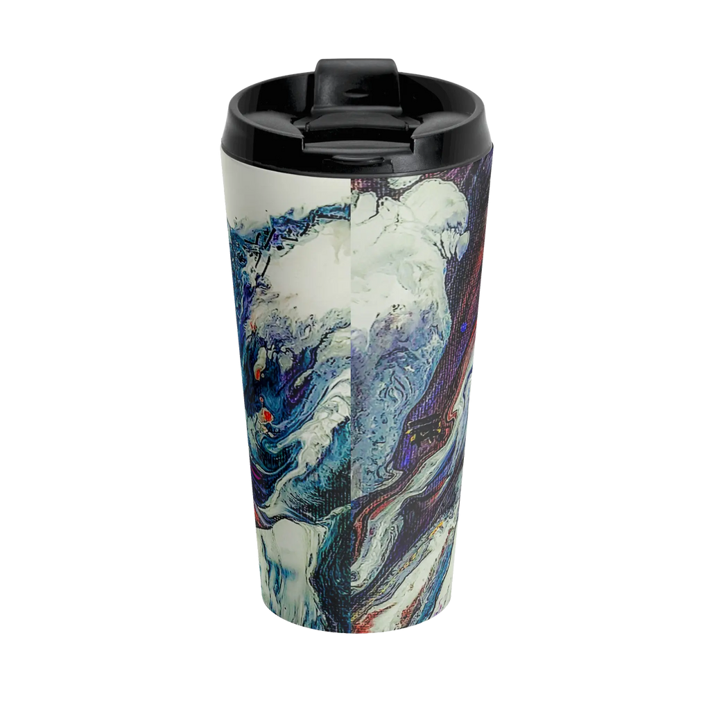 Freebrd Afrostar stainless steel travel mug back view displaying abstract acrylic pour design in navy, blue, white, purple and red wrapping around 15oz stainless steel travel mug with black lid.