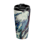 Freebrd Afrostar stainless steel travel mug back view displaying abstract acrylic pour design in navy, blue, white, purple and red wrapping around 15oz stainless steel travel mug with black lid.