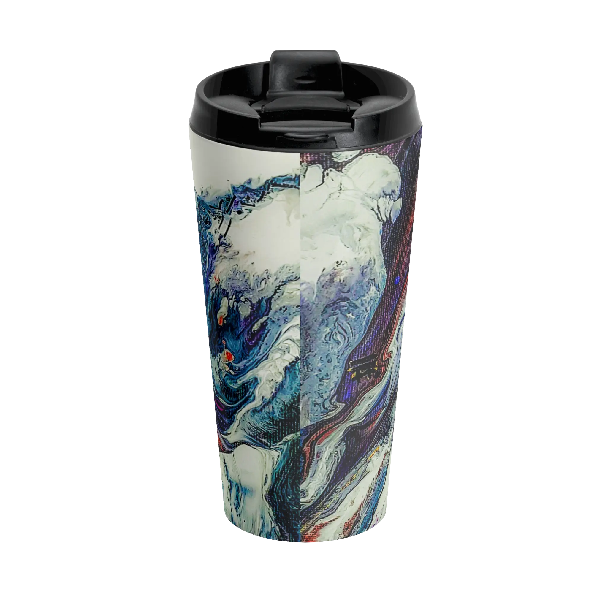 Freebrd Afrostar stainless steel travel mug back view displaying abstract acrylic pour design in navy, blue, white, purple and red wrapping around 15oz stainless steel travel mug with black lid.
