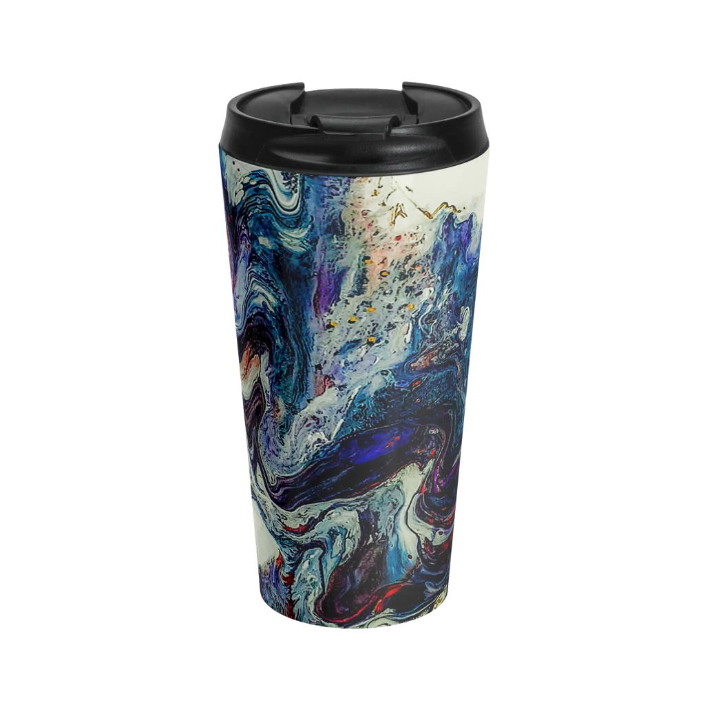 Freebrd Afrostar stainless steel travel mug front view displaying vivid abstract acrylic pour design in navy, white, purple and red with gold accents and black leak-proof lid on 15oz travel mug.
