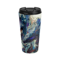 Freebrd Afrostar stainless steel travel mug front view displaying vivid abstract acrylic pour design in navy, white, purple and red with gold accents and black leak-proof lid on 15oz travel mug.