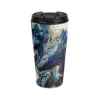 Freebrd Afrostar stainless steel travel mug front view displaying vivid abstract acrylic pour design in navy, white, purple and red with gold accents and black leak-proof lid on 15oz travel mug.