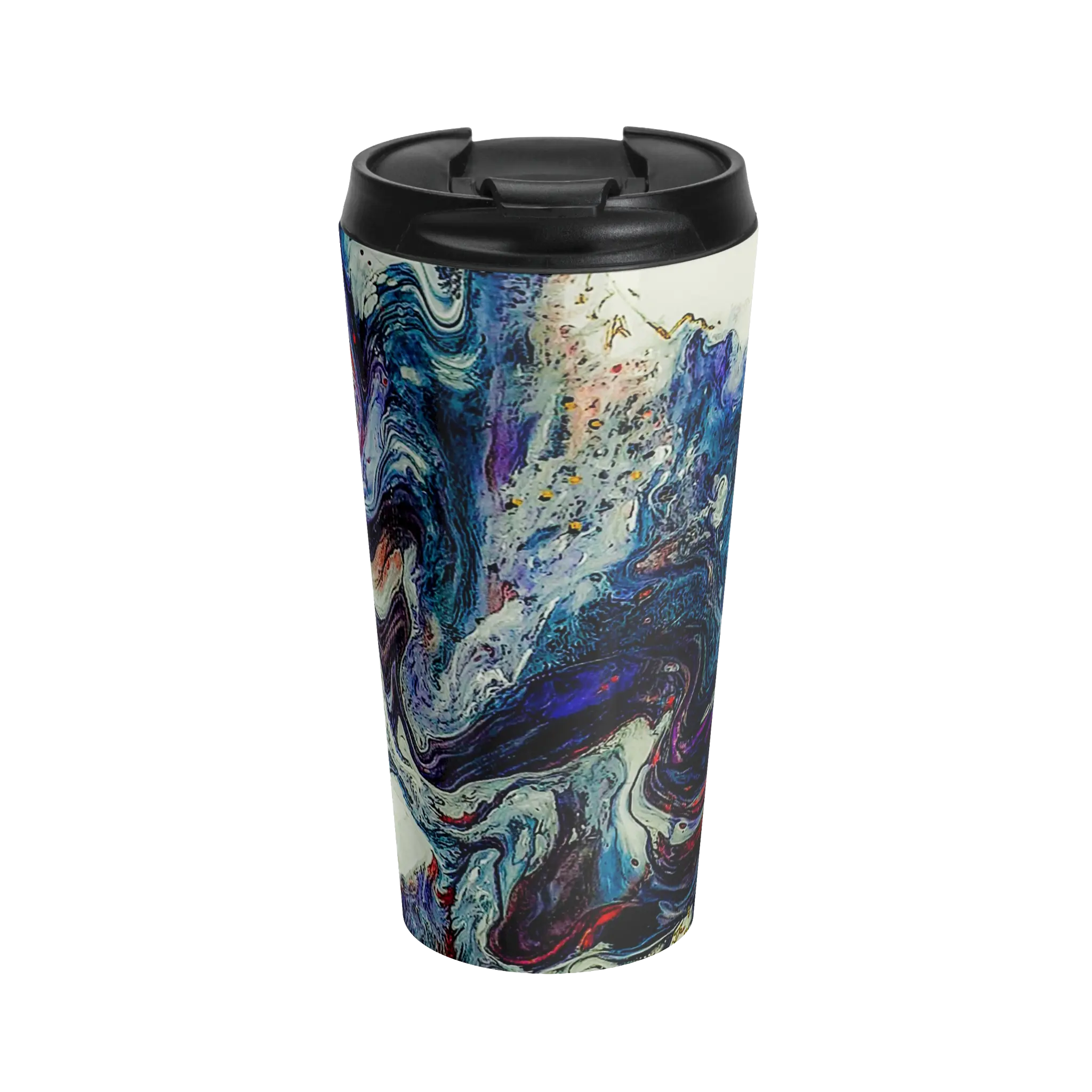 Freebrd Afrostar stainless steel travel mug front view displaying vivid abstract acrylic pour design in navy, white, purple and red with gold accents and black leak-proof lid on 15oz travel mug.