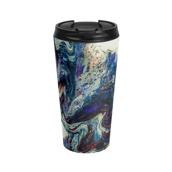 Freebrd Afrostar stainless steel travel mug front view displaying vivid abstract acrylic pour design in navy, white, purple and red with gold accents and black leak-proof lid on 15oz travel mug.