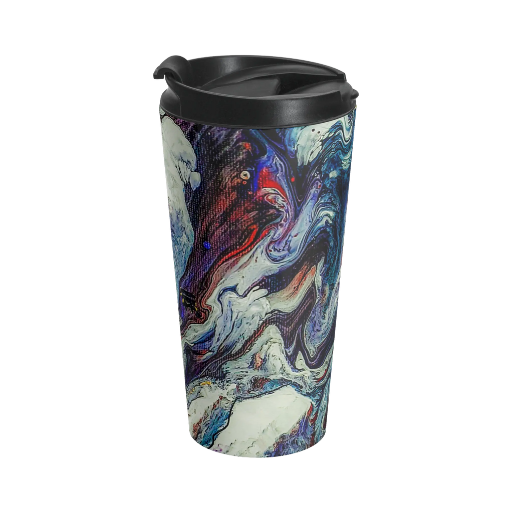 Freebrd Afrostar stainless steel travel mug left side view showing swirling abstract acrylic pour artwork in navy, white, purple and red with black leak-proof lid on 15oz travel mug.