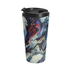 Freebrd Afrostar stainless steel travel mug left side view showing swirling abstract acrylic pour artwork in navy, white, purple and red with black leak-proof lid on 15oz travel mug.