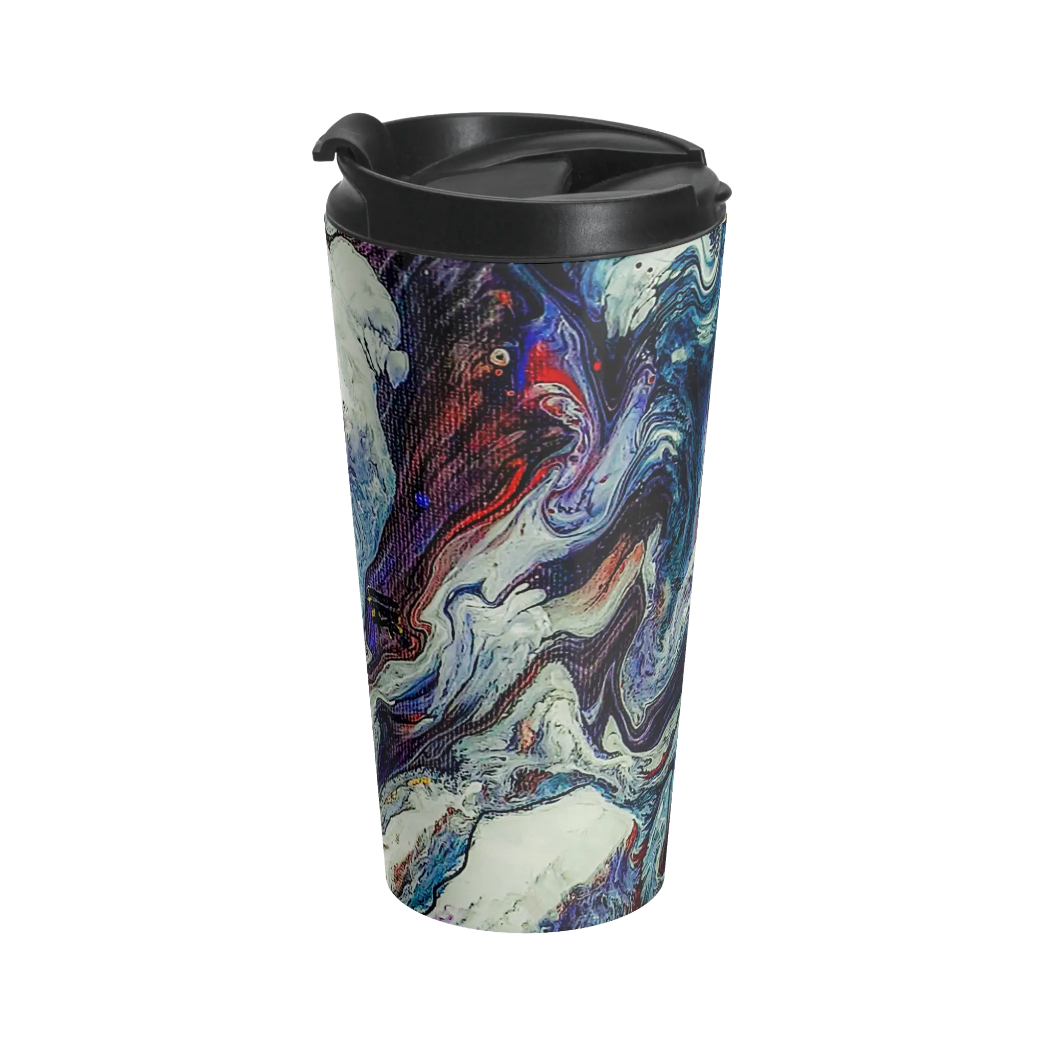 Freebrd Afrostar stainless steel travel mug left side view showing swirling abstract acrylic pour artwork in navy, white, purple and red with black leak-proof lid on 15oz travel mug.